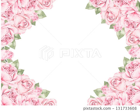 Horizontal watercolor floral frame with pink roses and green leaves arranged in two corners. Elegant romantic composition for Saint Valentines Day cards, invitations, posters, and wedding stationery. 131733608