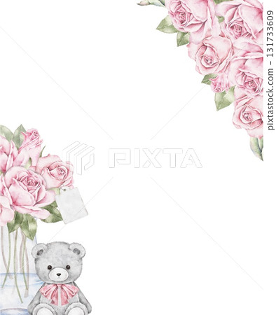 Vertical watercolor frame with pink roses in glass vase and gray teddy bear with pink bow in the corner. Gentle romantic floral border ideal for Saint Valentines Day cards, posters, or invitations. Vertical watercolor frame with pink roses in glass vase and gray teddy bear with pink bow in the corner. Gentle romantic floral border ideal for Saint Valentines Day cards, posters, or invitations. 131733609
