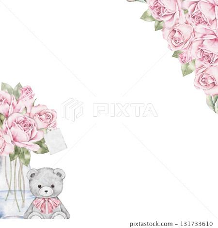 Vertical watercolor frame with pink roses in glass vase and gray teddy bear with pink bow in the corner. Gentle romantic floral border ideal for Saint Valentines Day cards, posters, or invitations. 131733610