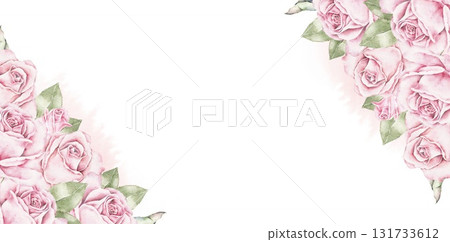 Horizontal watercolor floral frame with pink roses and green leaves arranged in two corners. Elegant romantic composition for Saint Valentines Day cards, invitations, posters, and wedding stationery. 131733612