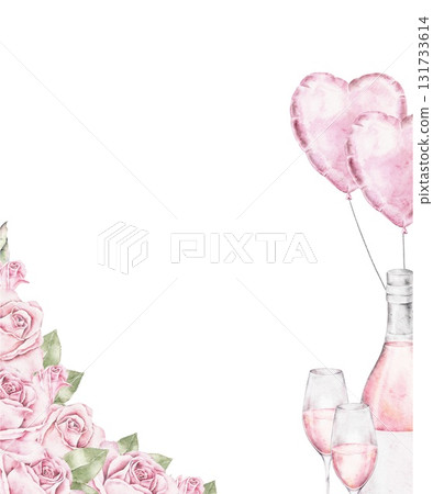 Vertical watercolor frame with pink roses, champagne bottle, heart balloons, and glasses. Romantic floral border for Saint Valentines Day cards, posters, packaging, or festive invitations. Vertical watercolor frame with pink roses, champagne bottle, heart balloons, and glasses. Romantic floral border for Saint Valentines Day cards, posters, packaging, or festive invitations. 131733614