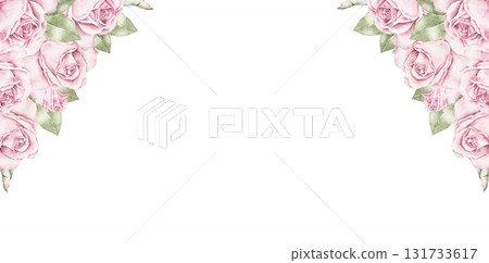Horizontal watercolor floral frame with pink roses and green leaves arranged in two corners. Elegant romantic composition for Saint Valentines Day cards, invitations, posters, and wedding stationery. Horizontal watercolor floral frame with pink roses and green leaves arranged in two corners. Elegant romantic composition for Saint Valentines Day cards, invitations, posters, and wedding stationery. 131733617