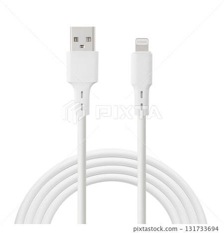 white cable for charging and synchronization with USB and Lightning connectors on a white isolated background white cable for charging and synchronization with USB and Lightning connectors on a white isolated background 131733694