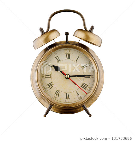 alarm clock, vintage clock with time 10 hours 15 minutes, a.m. 10:15, p.m. 10:15, on isolated white background 131733696