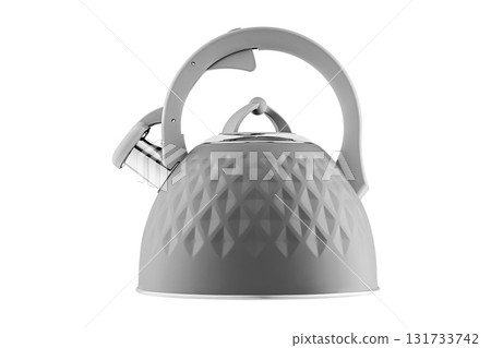 kettle with whistle, matte Gray color, with rhombus texture on isolated and white background 131733742