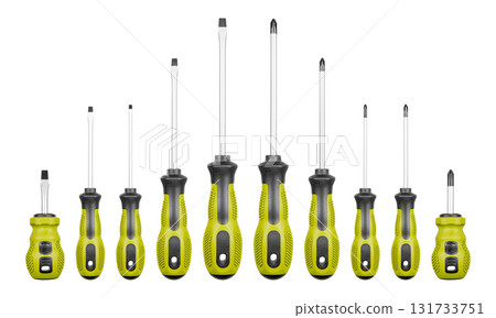 Set of Philips and flathead screwdrivers Green color on isolated white background Set of Philips and flathead screwdrivers Green color on isolated white background 131733751