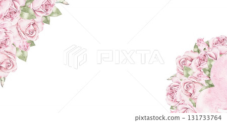 Watercolor floral frame with pink roses and heart shaped bag filled with flowers. Elegant romantic border for Saint Valentines Day greeting cards, invitations, and packaging design. 131733764
