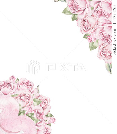 Watercolor floral frame with pink roses and heart shaped bag filled with flowers. Elegant romantic border for Saint Valentines Day greeting cards, invitations, and packaging design. 131733765