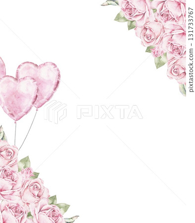 Watercolor floral frame with pink roses and heart shaped balloons in two corners. Gentle romantic composition perfect for Saint Valentines Day greeting cards, invitations, posters, packaging design. 131733767
