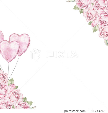 Watercolor floral frame with pink roses and heart shaped balloons in two corners. Gentle romantic composition perfect for Saint Valentines Day greeting cards, invitations, posters, packaging design. Watercolor floral frame with pink roses and heart shaped balloons in two corners. Gentle romantic composition perfect for Saint Valentines Day greeting cards, invitations, posters, packaging design. 131733768