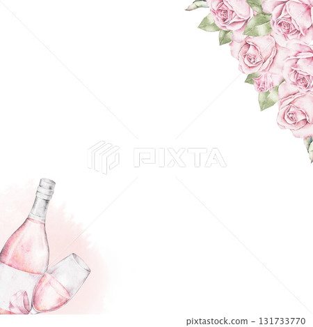 Watercolor frame with pink roses and bottle of rose champagne in the corner. Elegant romantic border for Saint Valentines Day invitations, greeting cards, bachelorette party and celebration designs. Watercolor frame with pink roses and bottle of rose champagne in the corner. Elegant romantic border for Saint Valentines Day invitations, greeting cards, bachelorette party and celebration designs. 131733770