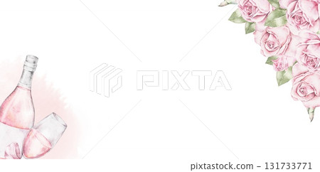Watercolor frame with pink roses and bottle of rose champagne in the corner. Elegant romantic border for Saint Valentines Day invitations, greeting cards, bachelorette party and celebration designs. 131733771