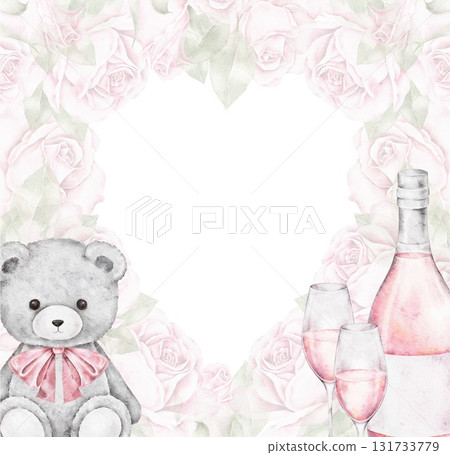 Watercolor heart shaped frame of pink roses with teddy bear, champagne bottle and glasses. Romantic composition for Saint Valentines Day cards, posters, wedding invitations, and celebration design. Watercolor heart shaped frame of pink roses with teddy bear, champagne bottle and glasses. Romantic composition for Saint Valentines Day cards, posters, wedding invitations, and celebration design. 131733779