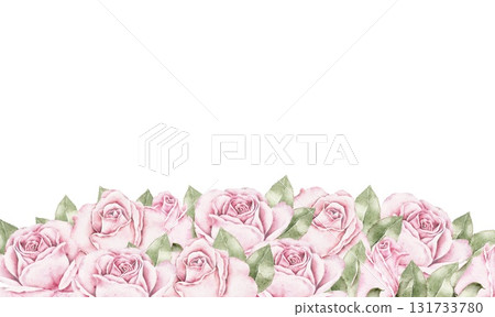 Horizontal watercolor border of pink roses with green leaves forming a gentle floral composition. Romantic design suitable for Saint Valentines Day invitations, cards, wedding templates, or packaging. 131733780