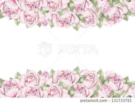 Watercolor floral border of pink roses placed on top and bottom edges. Elegant and balanced composition for Saint Valentines Day cards, wedding invitations, posters, or romantic stationery. Watercolor floral border of pink roses placed on top and bottom edges. Elegant and balanced composition for Saint Valentines Day cards, wedding invitations, posters, or romantic stationery. 131733781