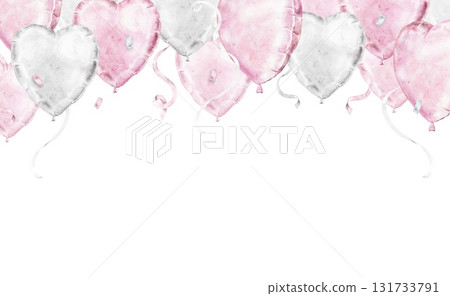Horizontal top watercolor frame with floating pink and silver heart shaped balloons and ribbons. Ideal for Saint Valentines Day, wedding celebrations, birthday decor or baby girl party invitations. Horizontal top watercolor frame with floating pink and silver heart shaped balloons and ribbons. Ideal for Saint Valentines Day, wedding celebrations, birthday decor or baby girl party invitations. 131733791