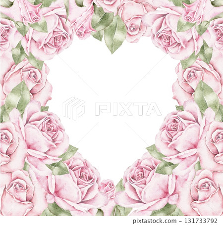Heart shaped watercolor frame made of pink roses and green leaves. Romantic floral illustration perfect for Saint Valentines Day cards, wedding invitations, posters, or anniversary prints. 131733792