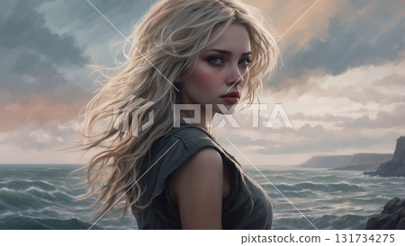 Sea and Woman: AI-generated material 131734275