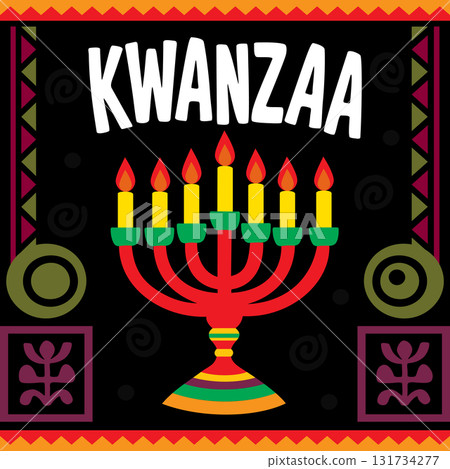Kwanzaa poster with kinara at center, surrounded by traditional African patterns and colors 131734277
