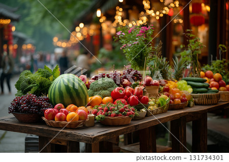 Vibrant Display of Fresh Fruits and Vegetables at an Outdoor Market Vibrant Display of Fresh Fruits and Vegetables at an Outdoor Market 131734301