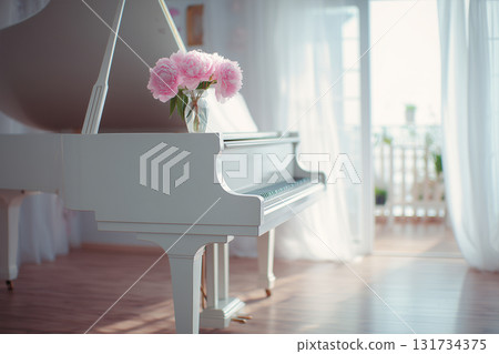 Elegant White Grand Piano with Pink Peonies in a Sunlit Room with Balcony View. Elegant White Grand Piano with Pink Peonies in a Sunlit Room with Balcony View. 131734375