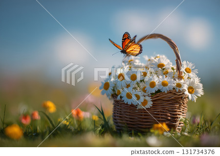 Monarch Butterfly Taking Flight from a Basket of Daisies in a Sunlit Field. Monarch Butterfly Taking Flight from a Basket of Daisies in a Sunlit Field. 131734376