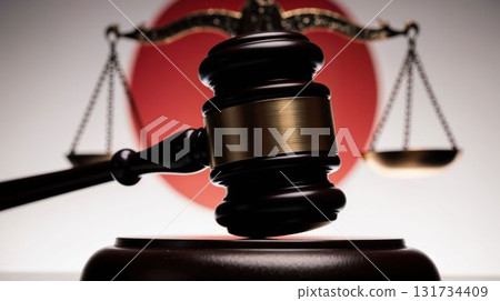Judge gavel and scales of justice with Japan flag 131734409