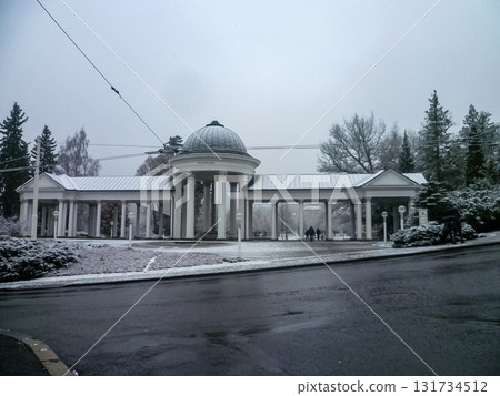 The colonnade of the cold mineral springs of Caroline and Rudolf. The center of the famous small West Bohemian spa town of Marianske Lazne, Marienbad. Western Bohemia. 131734512