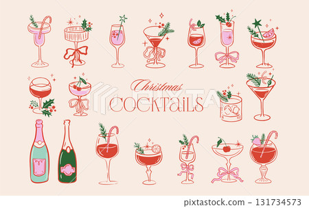 Christmas cocktail party hand-drawn vintage illustrations Christmas cocktail party hand-drawn vintage illustrations 131734573