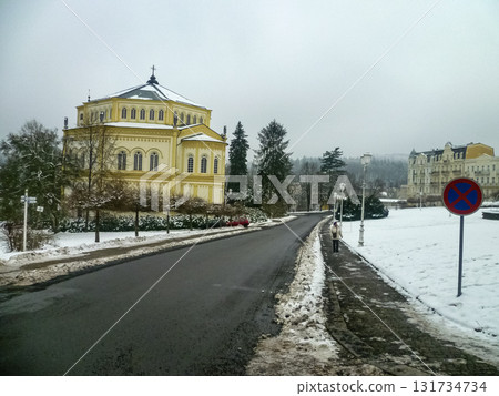 Marianske Lazne, Marienbad, Czech Republic - February 2, 2014: Snow-covered hotel buildings of the spa town in the western part of the Czech Republic. 131734734
