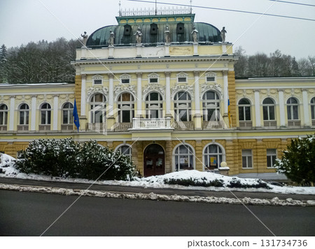 Marianske Lazne, Marienbad, Czech Republic - February 2, 2014: Snow-covered hotel buildings of the spa town in the western part of the Czech Republic. 131734736