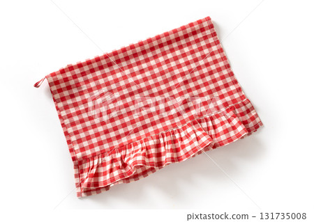 Cooking red checkered kitchen napkin or towel with frills isolated on white background. Top view. 131735008