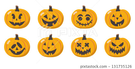 Halloween jack-o-lantern pumpkins faces set. Vector illustration of Halloween party. Spooky pumpkins Halloween jack-o-lantern pumpkins faces set. Vector illustration of Halloween party. Spooky pumpkins 131735126
