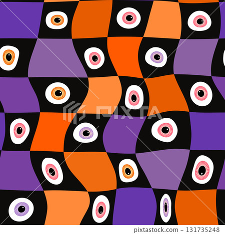 Halloween eyeball vector seamless pattern, Wavy warped check design for backgrounds and banners Halloween eyeball vector seamless pattern, Wavy warped check design for backgrounds and banners 131735248