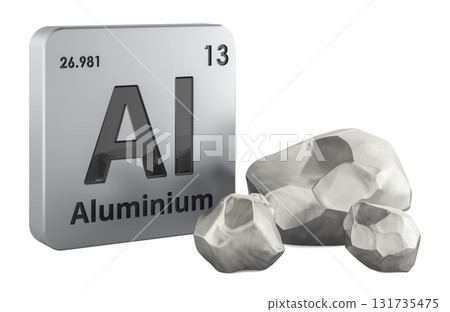 Aluminium symbol and metallic aluminium nuggets. 3D rendering 131735475