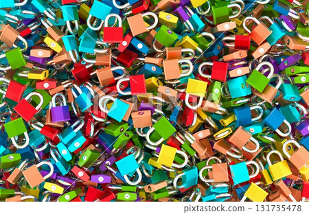 Colored padlocks top view, background. 3D rendering Colored padlocks top view, background. 3D rendering 131735478