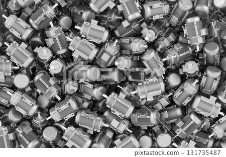 Pile of industrial electric motors, top view. 3D rendering 131735487