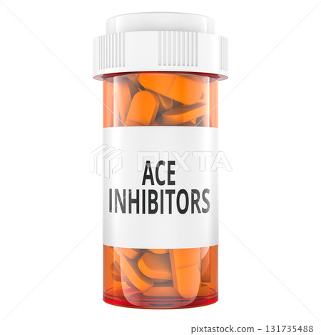 Pill bottle with Ace Inhibitors. 3D rendering 131735488