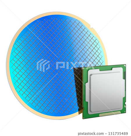 Silicon wafer and computer processor. 3D rendering 131735489