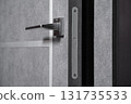 modern and secured metal door handle and latch detail 131735533