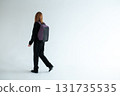stylish hipster person holding modern backpack bag on white background 131735535