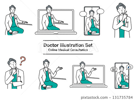 Stock Illustration: Illustration set of a doctor conducting an online consultation Stock Illustration: Illustration set of a doctor conducting an online consultation 131735784