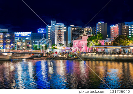 Fukuoka - Fukuhaku Deai Bridge and the former Fukuoka Prefectural Public Hall, Guest House, night view 131736040
