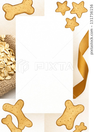 Postcard of Blank white paper with dog biscuits oats and ribbon flat lay background 131736156
