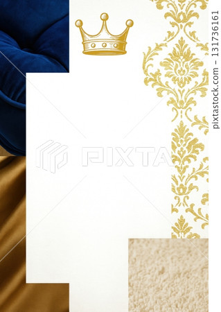 Postcard of Luxury invitation card with gold crown and damask pattern on satin fabric 131736161