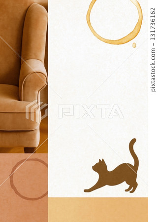 Postcard of Cat silhouette stretching near coffee stains on paper background 131736162