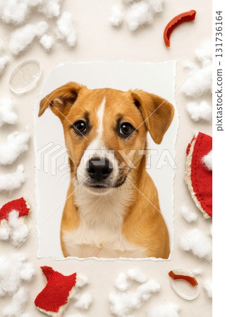 Postcard of Cute dog looking through torn paper with scattered cotton and red fabric pieces 131736164