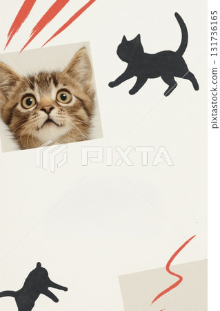 Postcard of Cute kitten portrait with black cat silhouettes on white background Postcard of Cute kitten portrait with black cat silhouettes on white background 131736165