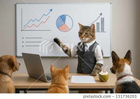 Cat in business suit giving presentation to dogs in office meeting 131736203