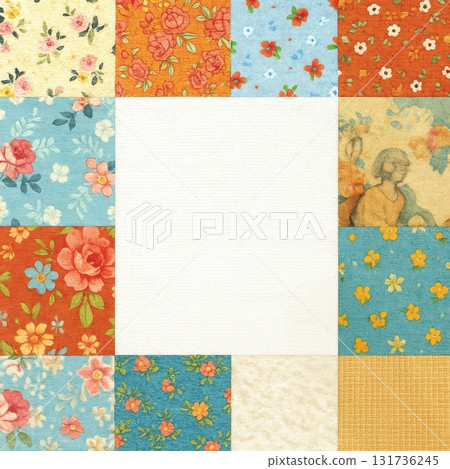 Vintage floral patchwork quilt with blank center for text or design 131736245